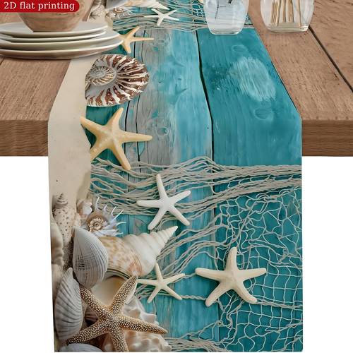 1pc vintage themed polyester table runner with shells and nautical kitchen and dining table decor suitable for parties holidays or coastal themed settings