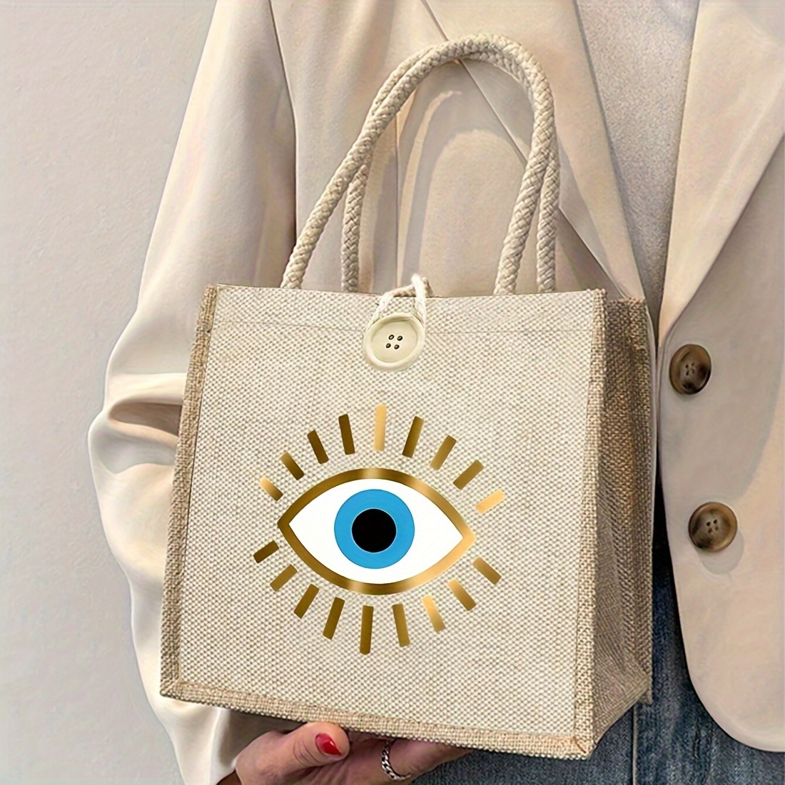 

Chic Evil Eye Linen Tote Bag - Lightweight, Foldable Shopping & Storage Bag With Secure Closure - Perfect Teacher's Day Gift, Ideal For Nurses, Doctors, And Moms