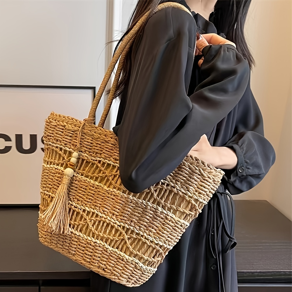 Handmade Straw Bag Travel Beach Fishing Net Handbag Shopping Woven Shoulder  Bag For Women