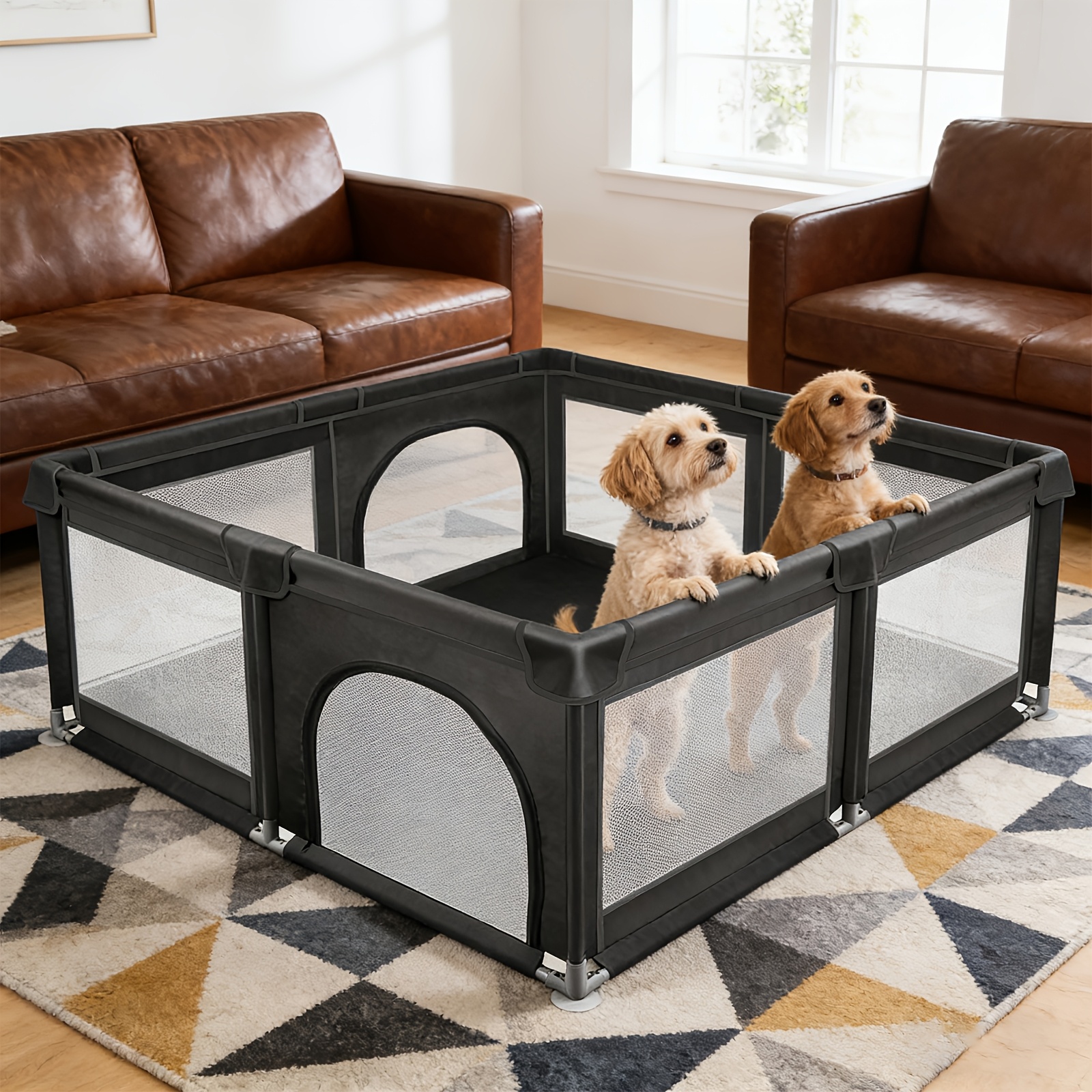 Image of Black Small Dog Playpen Without Top Cover | 1 Min Setup, Heavy-duty Oxford & , Indoor Pet Puppy Playpen, Portable Whelping Box For Home Rabbit - 120x120x66cm
