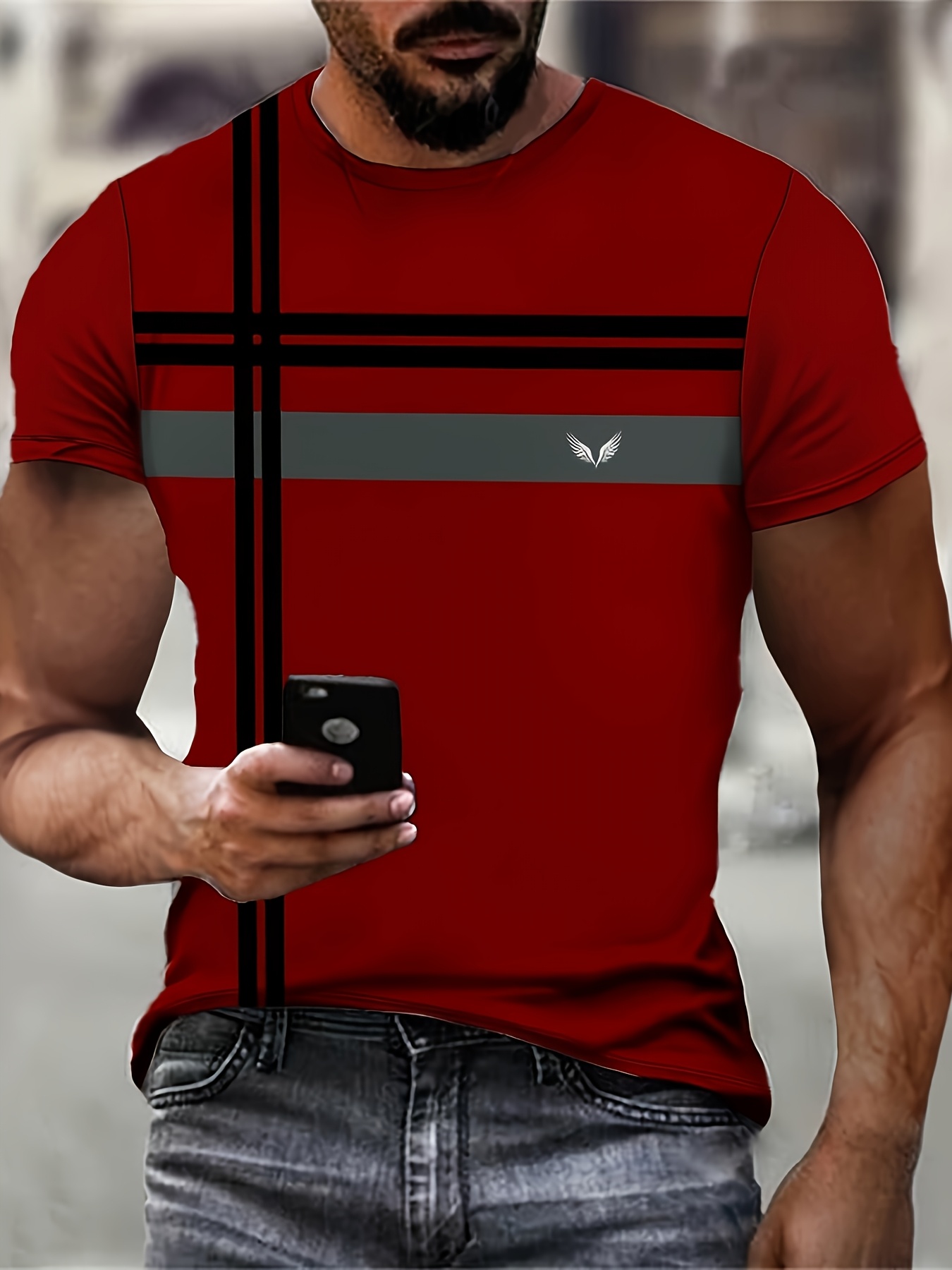 mens 3d print striped wings t shirt casual crew neck short sleeve tee summer knit fabric top regular fit polyester 95 spandex 5   stretch 110g   apparel
