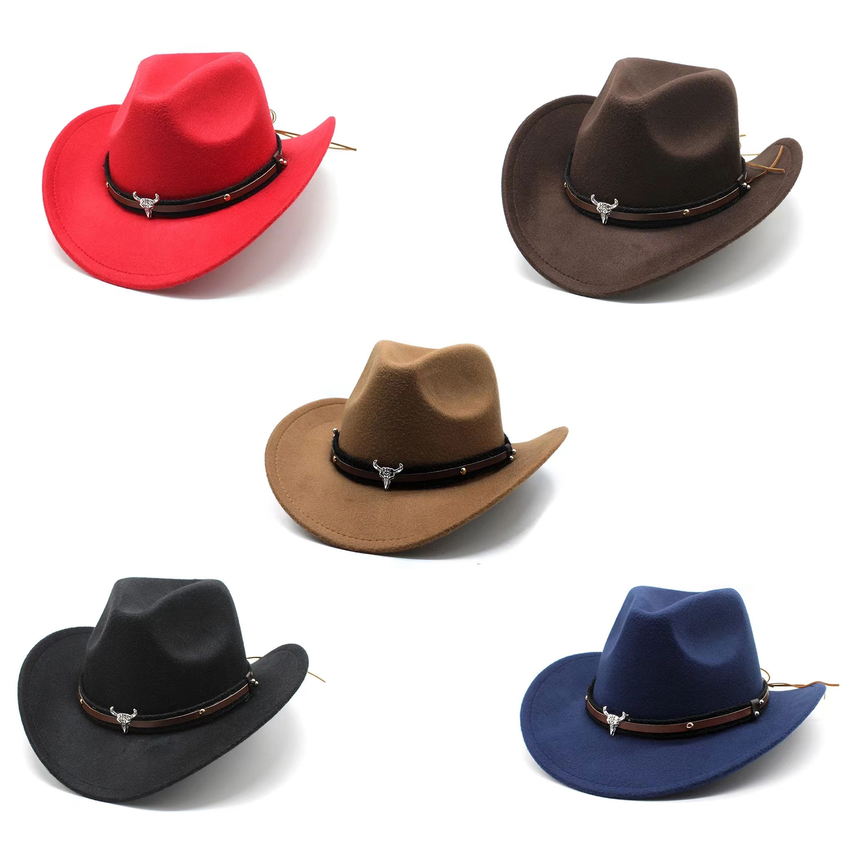 

5pcs Polyester Cowboy Hats With Steer Head Bead Detail - Yarn-dyed, Inelasticity, Lightweight & Featherless Craftsmanship - Stiffened Brim Party Fedora Pack In Triple-layered Hard Cardboard Box