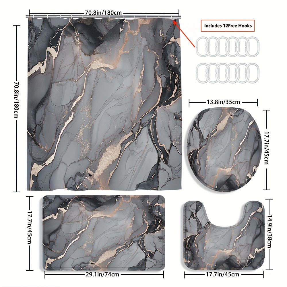 TEMU 4pcs Marble Curtain Shower Curtain Decoration, Beautiful Housewarming Gift Decoration, Shower Curtain And Toilet Floor Mat Three-piece Set Comes With 12 Shower Curtain Hooks