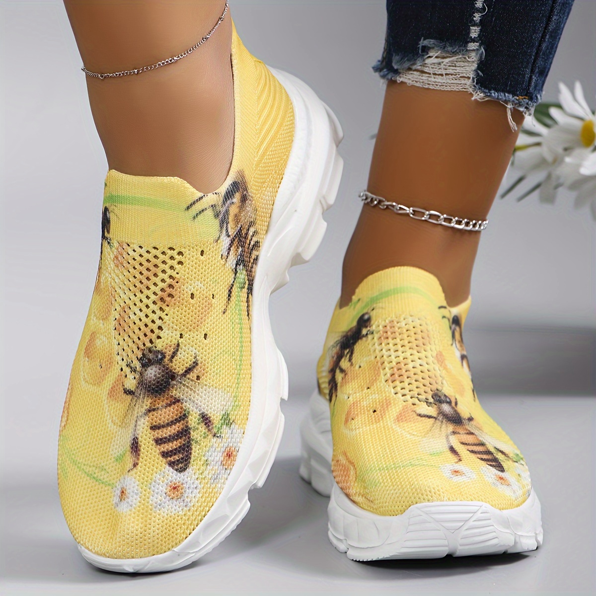 

Women's Lightweight Walking Shoes With Bee & Honeycomb Design - Breathable Fabric, Eva Sole, Stability Support, Slip-on Camp Shoes In Vibrant Yellow, Ladies Shoes