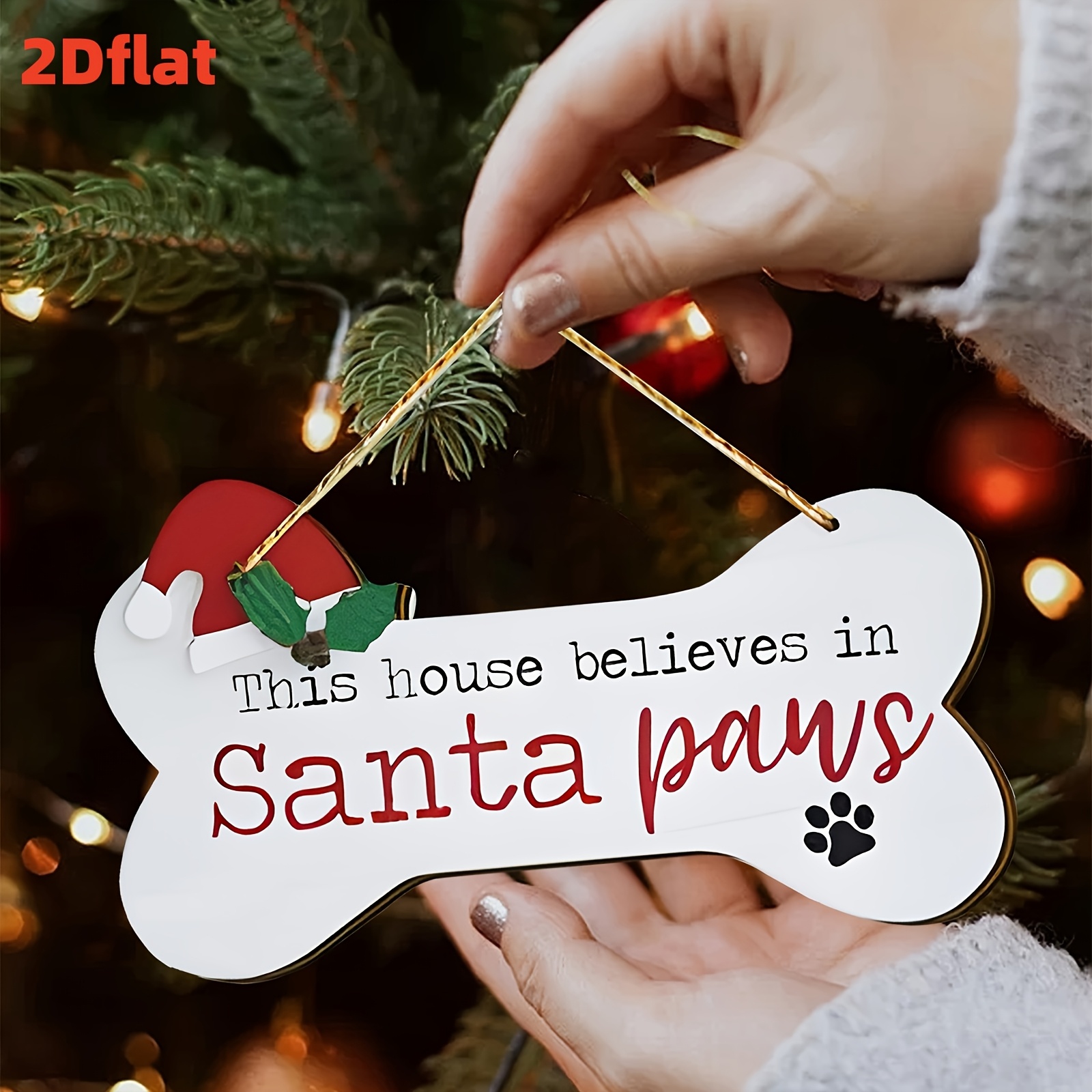 TEMU 2d Flat, 1 Santa Claus Paw Dog Bone Shaped Wooden Christmas Doorplate - Reinforced Wooden Wall Sign Suitable For Decoration, Very Suitable For