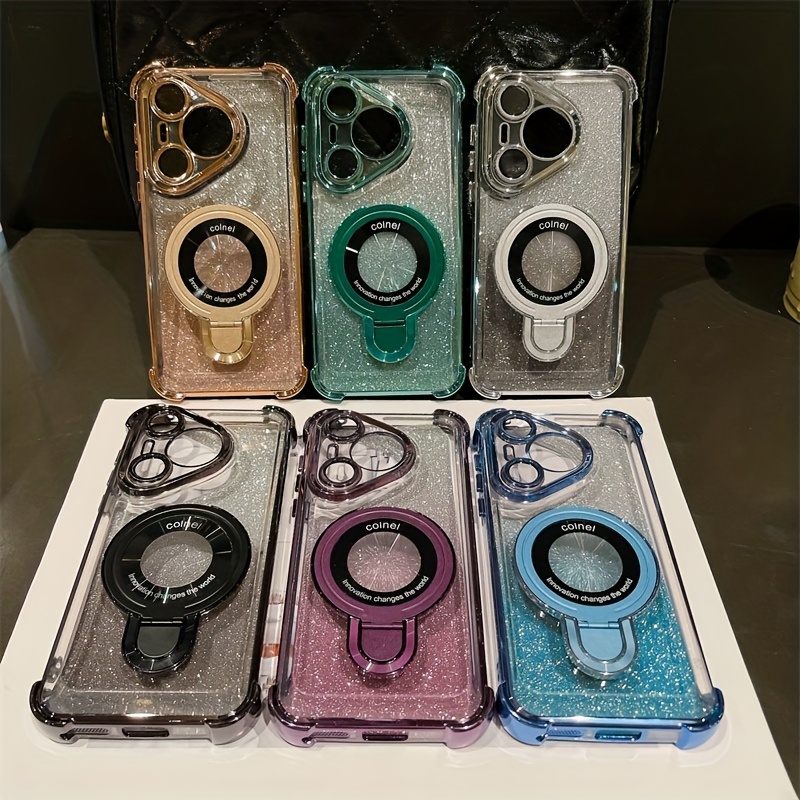 Luxury Electroplated PC Phone Case with Holder, Air Cushion, Wireless Charging for Huawei P70 - Anti-Drop Protective Shell with HD Lens Film_voghion.com