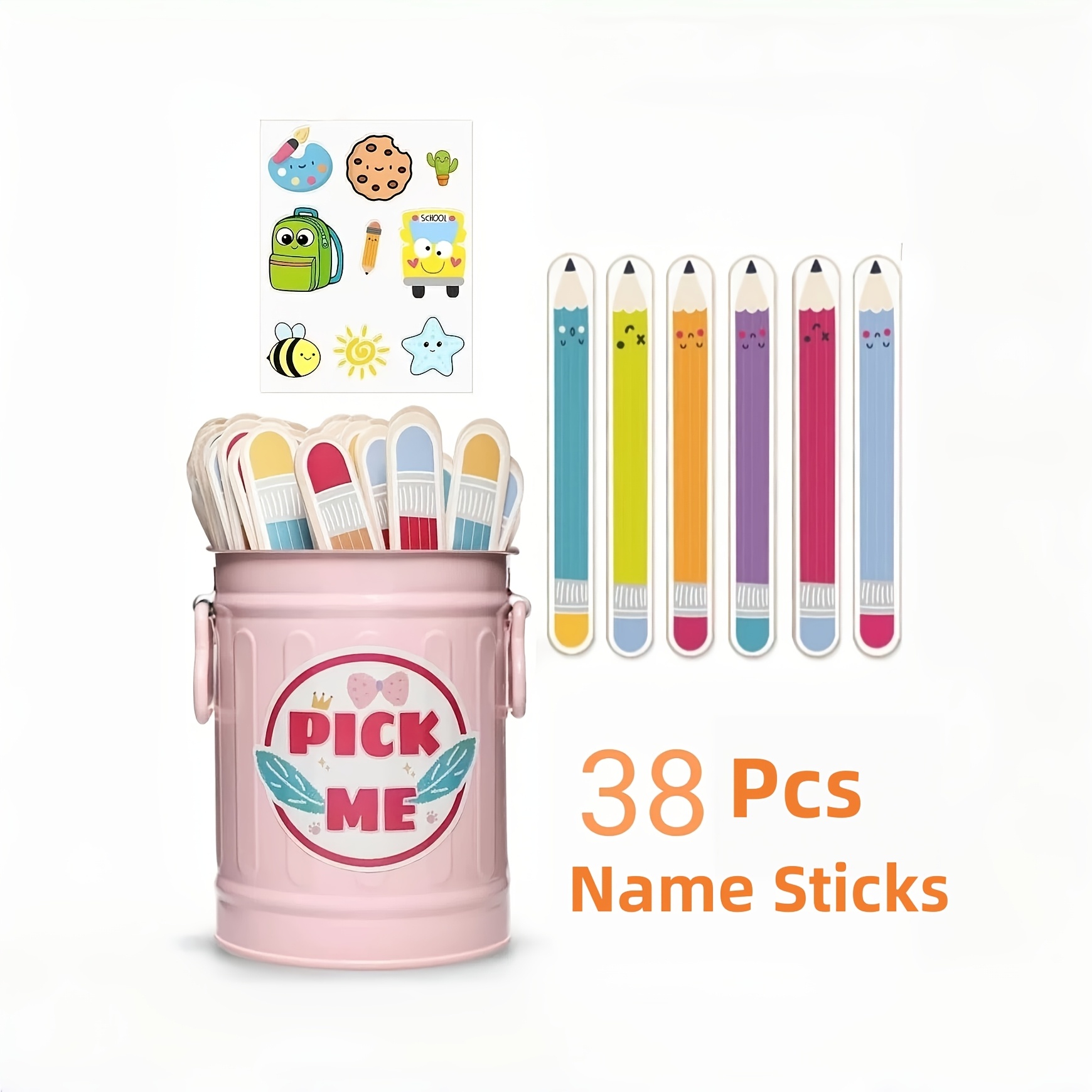 TEMU 38pcs Flip Name Sticks With Metal Storage Bucket And Decor Stickers, Classroom Management Tool For Teachers, Ideal For Back To School, Group ,