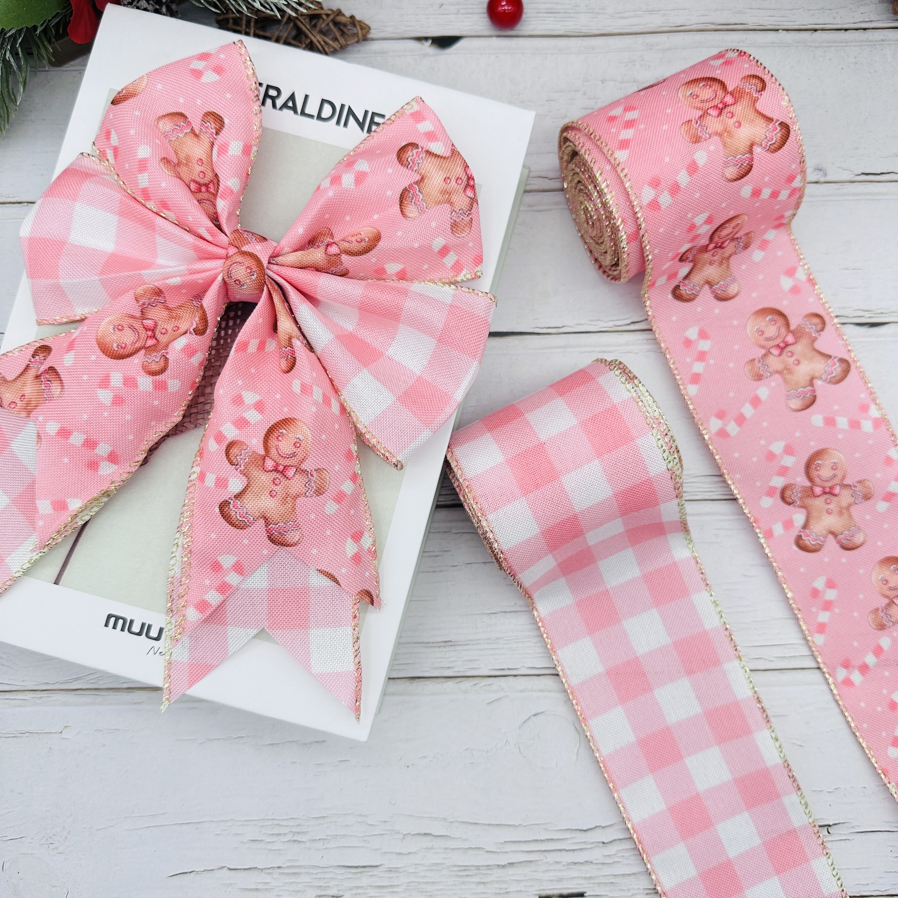 

Fabric Wired Edge Ribbon Set, 2 Pack, Each, 2.5 Inch Pink Gingerbread Christmas For Tree Decorating, Gift Wrapping, Bows, Festive Seasonal Crafts - No Feathers, Electricity-free