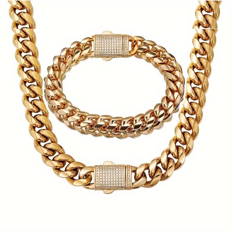 

Men Cuban Link Chain Set Bracelet Necklace 18k Gold Plated Stainless Steel 14mm Curb Chains