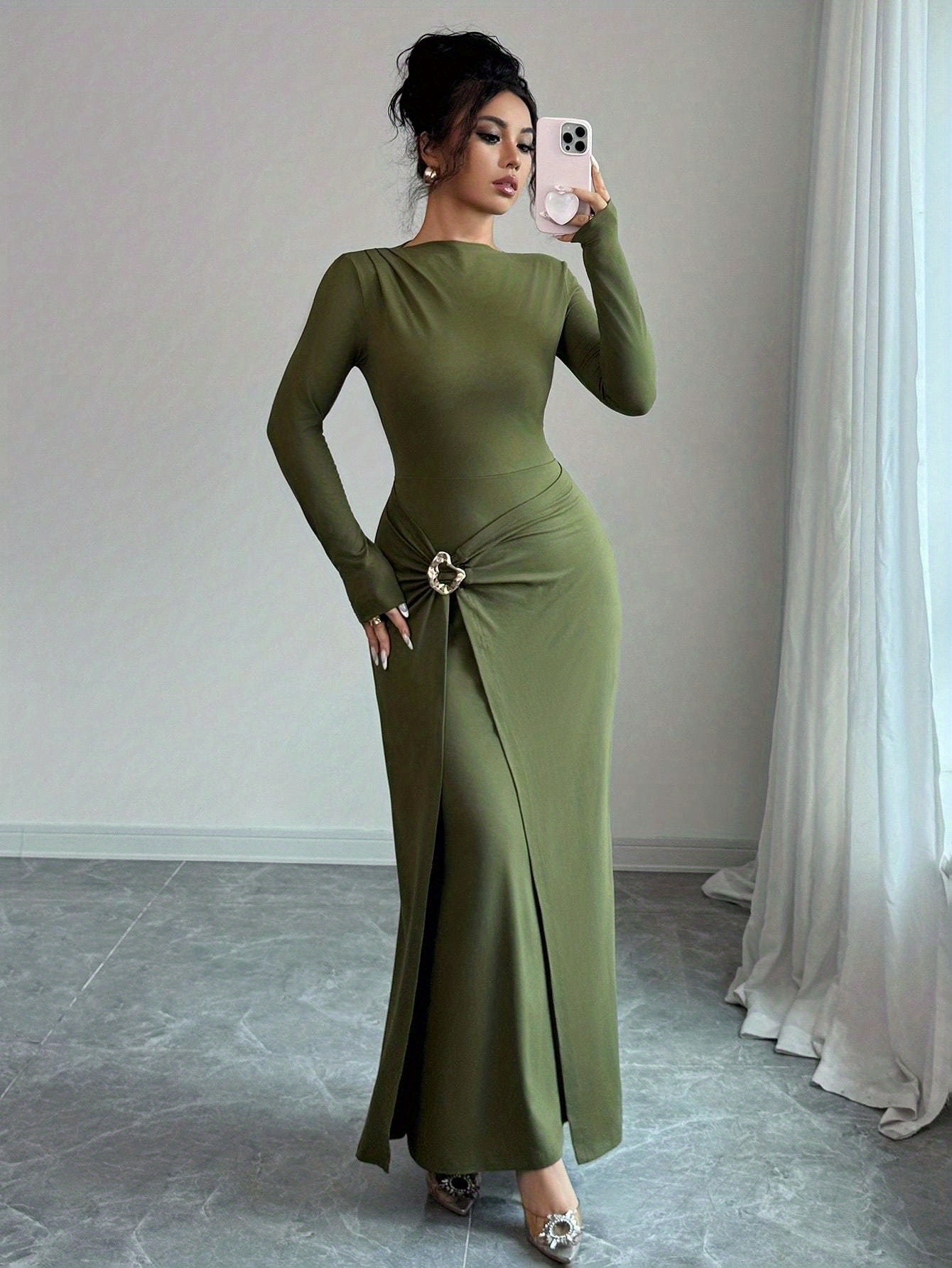 slim fit dress slacks LONG OLIVE GREEN DRESS WITH CAPE main image 1