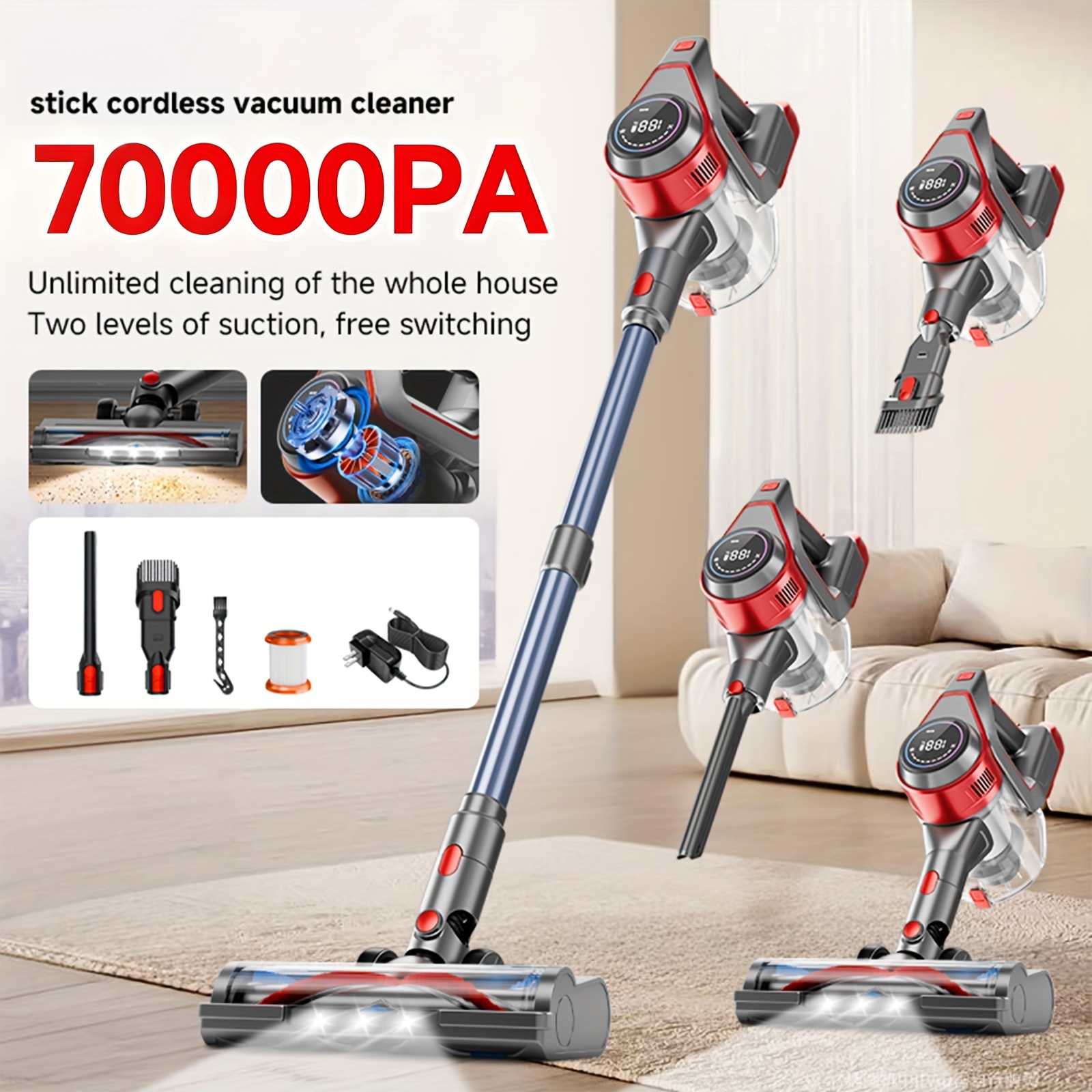 TEMU Cord And Cordless Vacuum Cleaner For Home, Max 70kpa Stick Vacuums Lightweight, Some Have With Detachable Battery Display, Max 45mins , 8in 1 Handheld Vacuum For & Carpets Pet Hair.