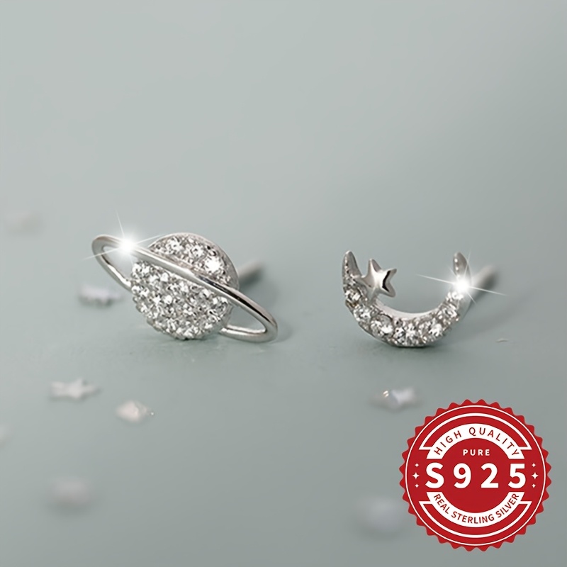 S925 Silver Asymmetrical Moon Planet Earrings, Sci-Fi Inspired
