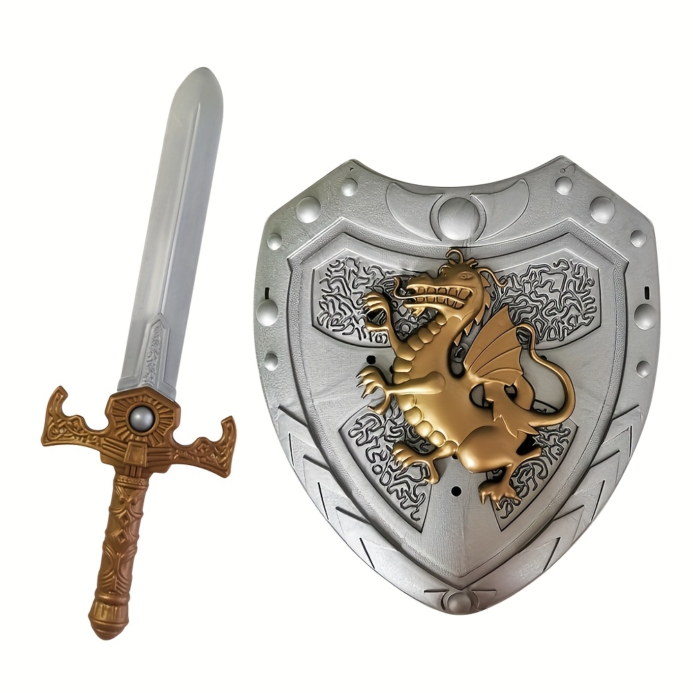 TEMU 1 Set, Plastic Sword+plastic Shield, Medieval Knight Style, Dragon Patterned Shield, Bird Shaped Shield, Suitable For Role-playing, Performance