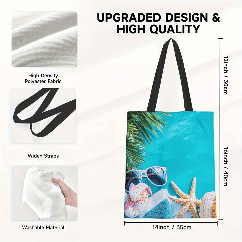 TEMU Sac à Épaule Imprimé Plage Élégant 1pc - Grande Capacité Léger avec Motif Palmier et Lunettes de Mode pour le Shopping, les Voyages et Sorties