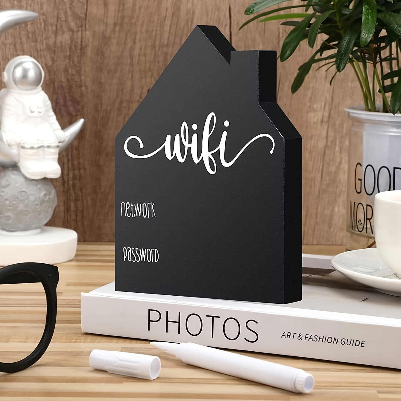 

1pc Contemporary Style Wooden Wifi Password Sign Board, Freestanding Mini House Chalkboard For Restaurant Hotel Home Decor, Erasable Network Credentials Display, Pen Not Included