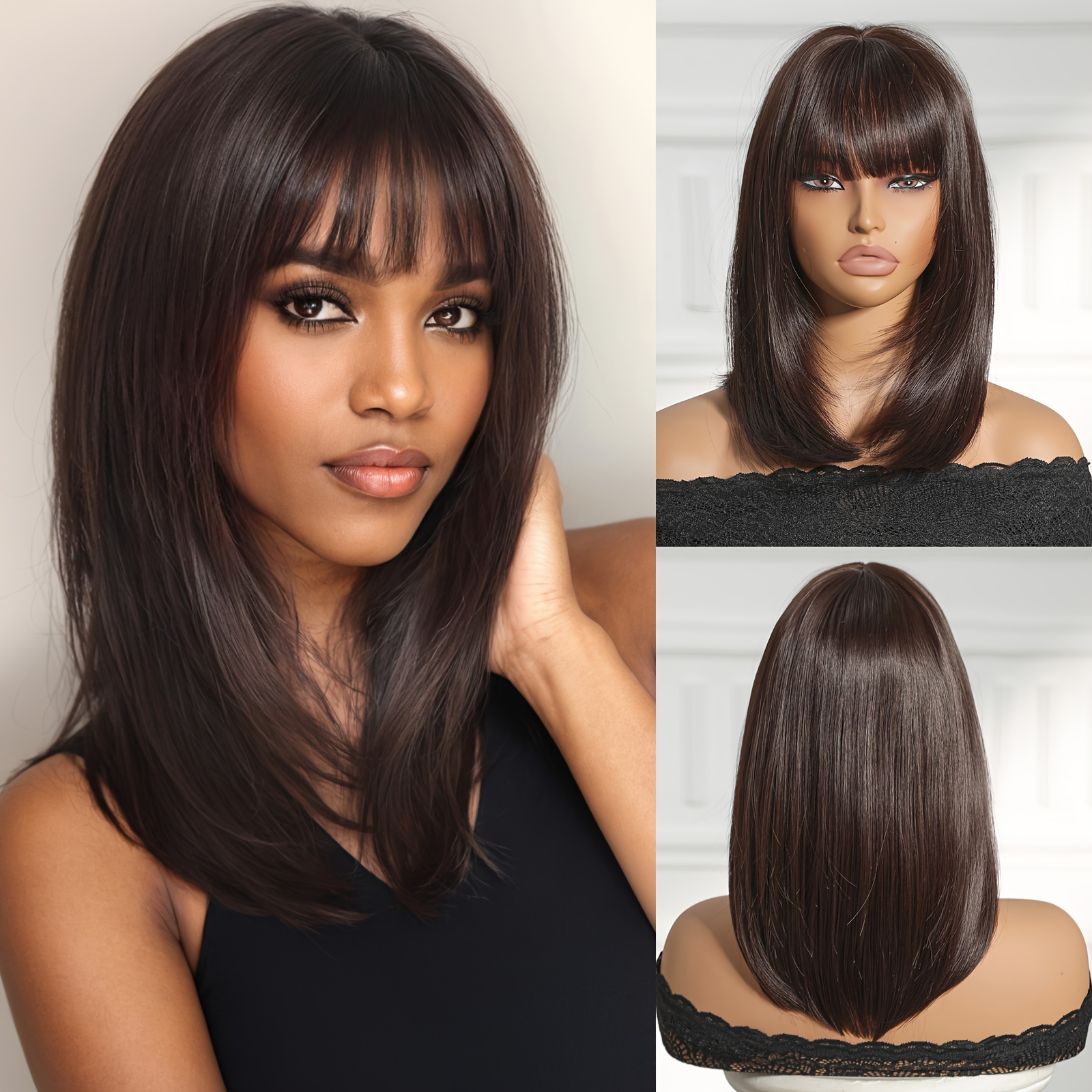 

Tang Long Hair Bob Wig With Bangs For Women - Black, , 150% Density, Suitable For Black Hair