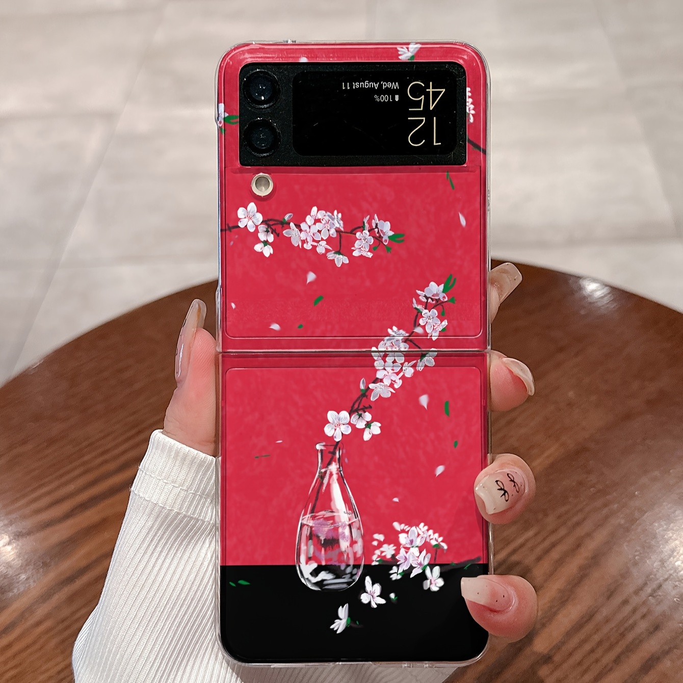 

For Samsung Mobile Phone Folding Screen, Red Background, White Small Flower Anti Drop Phone Protective Case