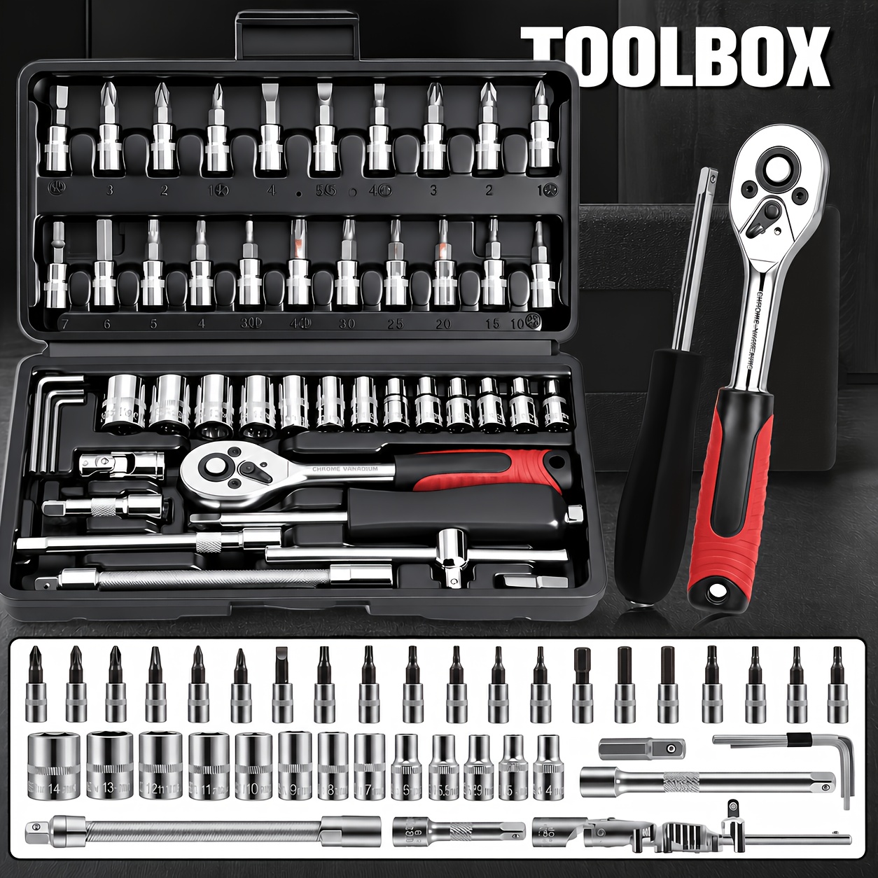 TEMU Fast Delivery, 46/50pcs 1/ 4inch Drive Tool Socket Set- Professional Car Repair Tool Set, , Portable Multifunctional One-stop Solution Repair