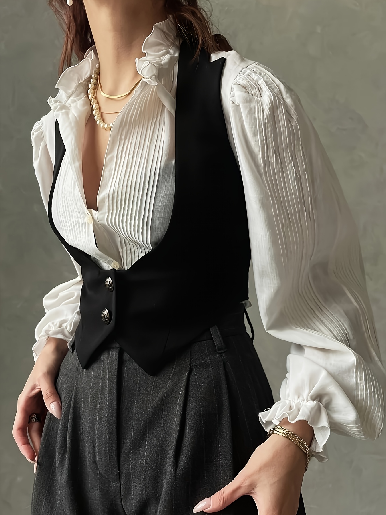 french vintage style black v neck womens waistcoat a chic - Temu