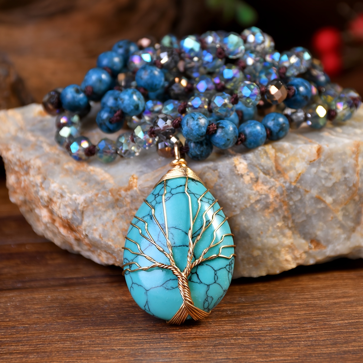 TEMU Bohemian Style Life Tree Natural Stone Long Necklace Vintage Ethnic Style Men And Women Sweater Chain Spring Summer Easter Mother's Day Gift