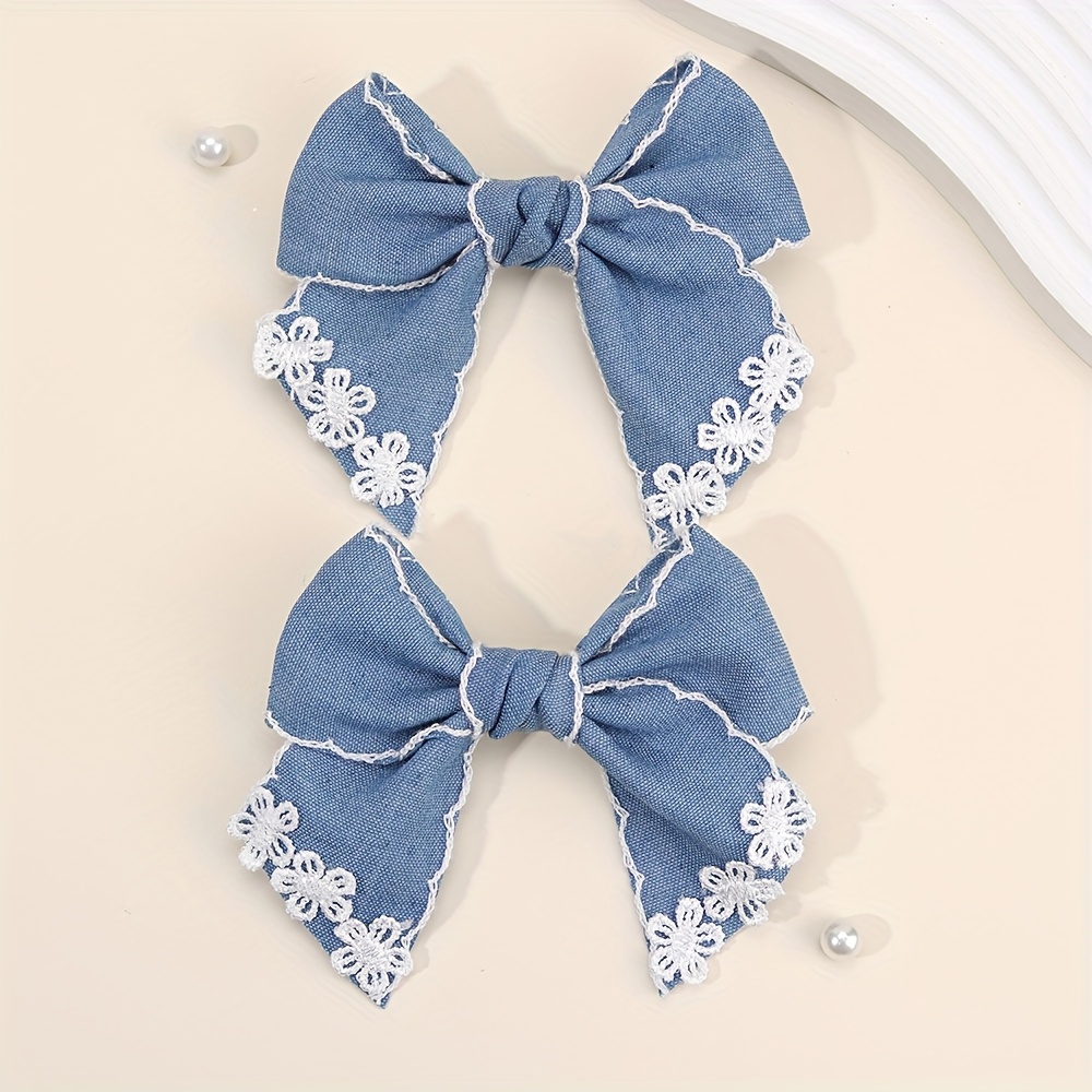 Image of 2pcs Bow Hair Clips For Blue Denim Bow Hair Pins With Flower & Rhinestone Designs All-inclusive Clips Cute Hair Accessories For