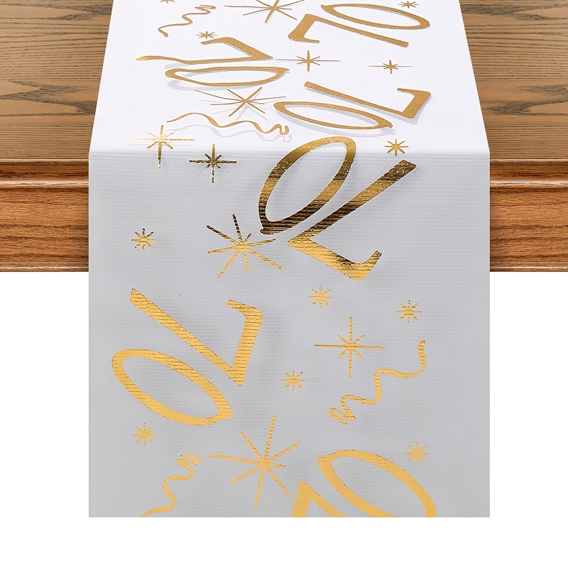 

1pc Elegant 70th Birthday Table Runner - White Polyester With Black Numbers & Stars, Party Decorations & Celebratory Dining , Birthday Party Decorations