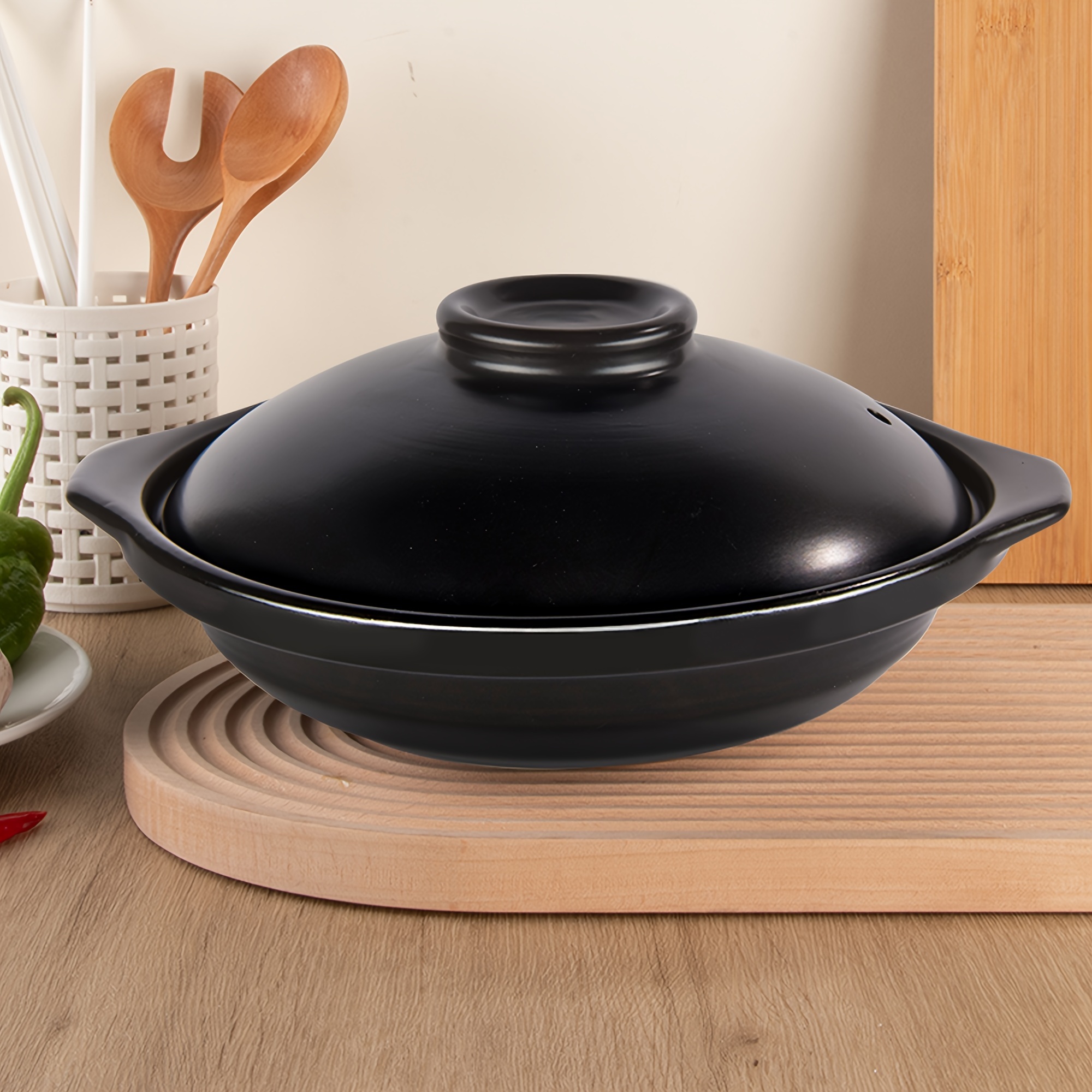 

1pc Large Ceramic Casserole Dish With Lid - 88oz/2600ml, High-temperature Resistant, Black Matte , Gas Stove Cooking, Essential Kitchen Pot For Soups, & More, Slow Cooking Dish | Sleek Ceramic Pot |