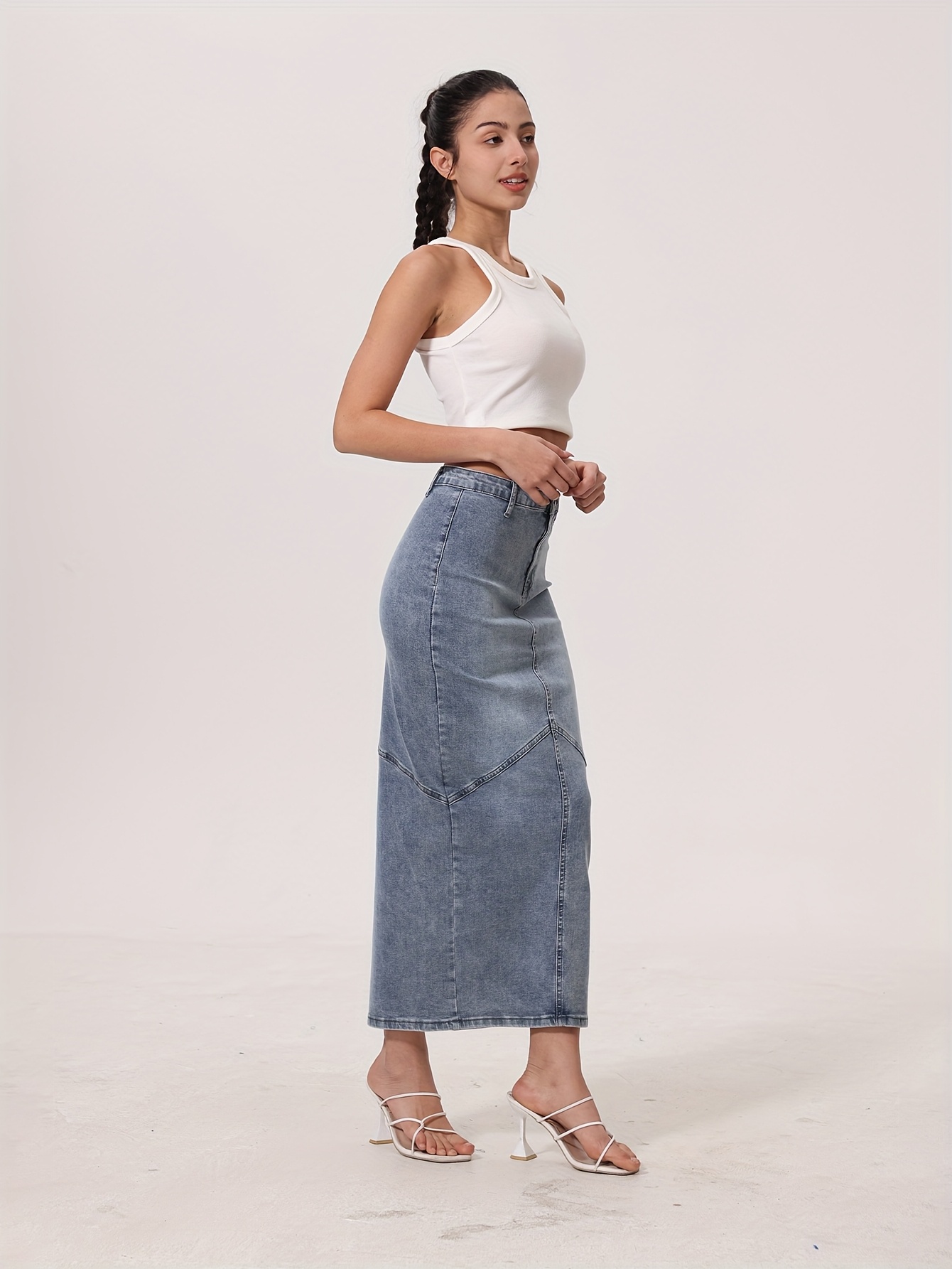 womens high waisted stretch maxi denim dress hem full Temu Australia