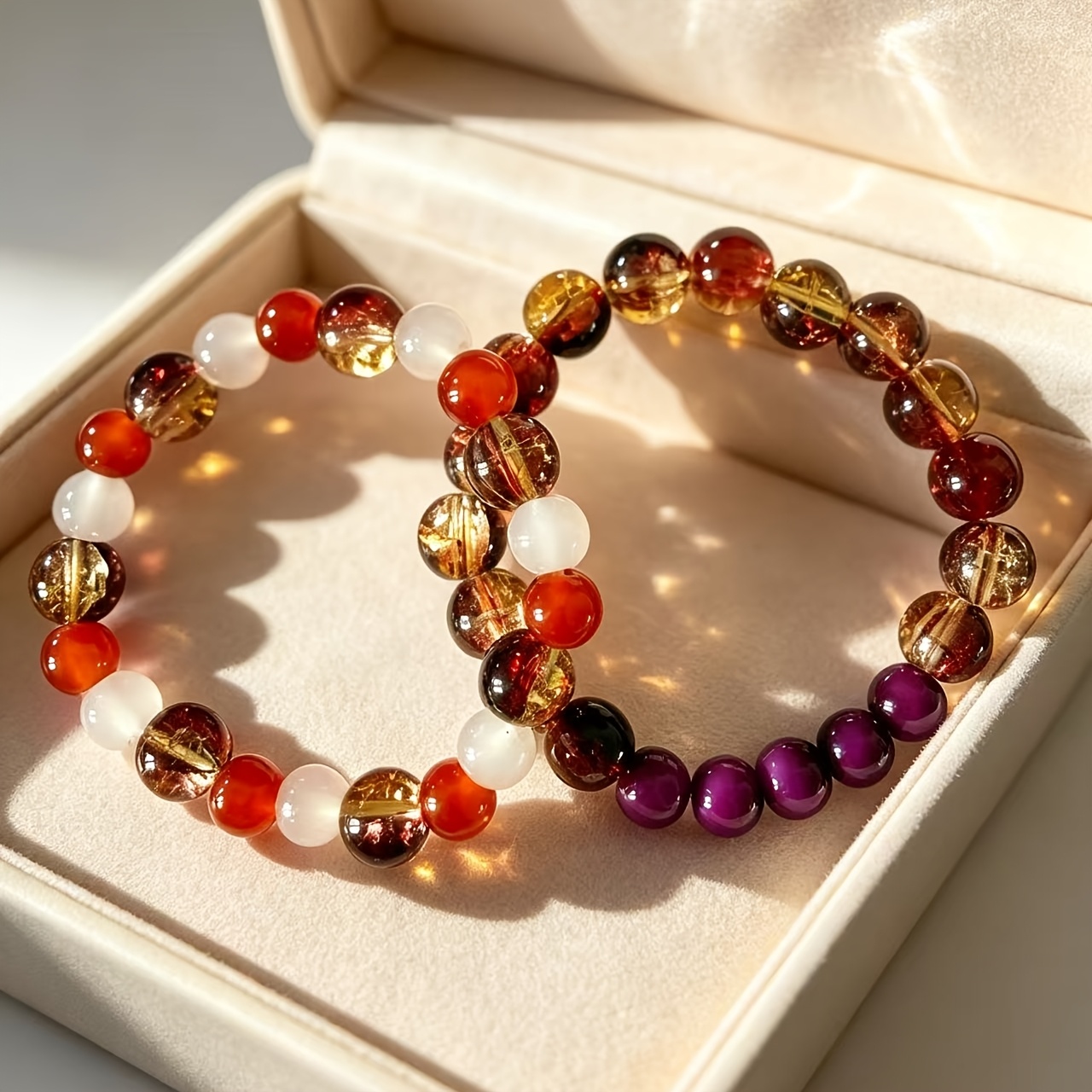 2pcs Large Red Gradient Crystal & Rose Tiger's Eye Beads Bracelet