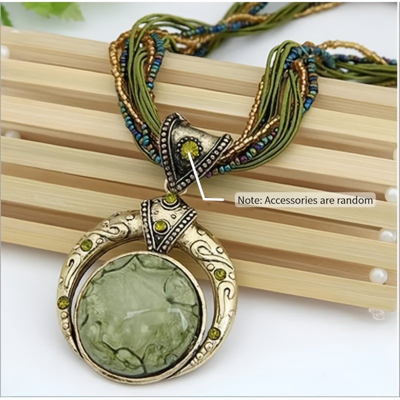 TEMU 1pc Elegant Bohemian Necklace - Green Marble-like Stone Pendant With Golden-tone Alloy Chain, Jewelry For Women, Parties, Holidays, Everyday &