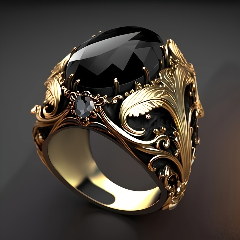 

Vintage Style Men's Ring - Copper Based Synthetic Black Zirconia Solitaire, Intricate Baroque Design - Unplated Single Band Jewelry