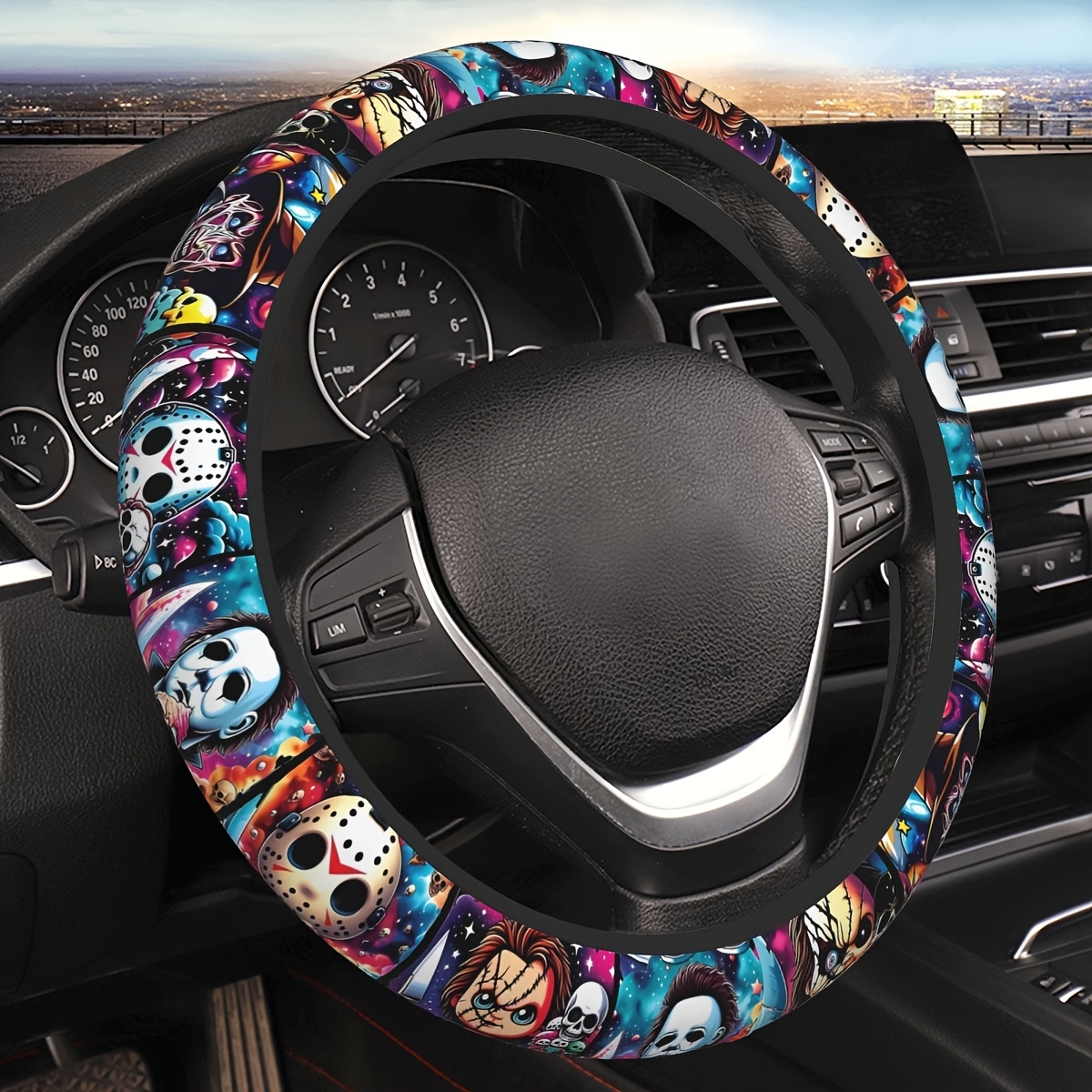 

Horror Cartoon Faces Neoprene Steering Wheel Cover, Universal Inch Anti-slip Car Accessory, Lightweight Sweat Absorption Smooth Texture Vehicle Wheel Protector