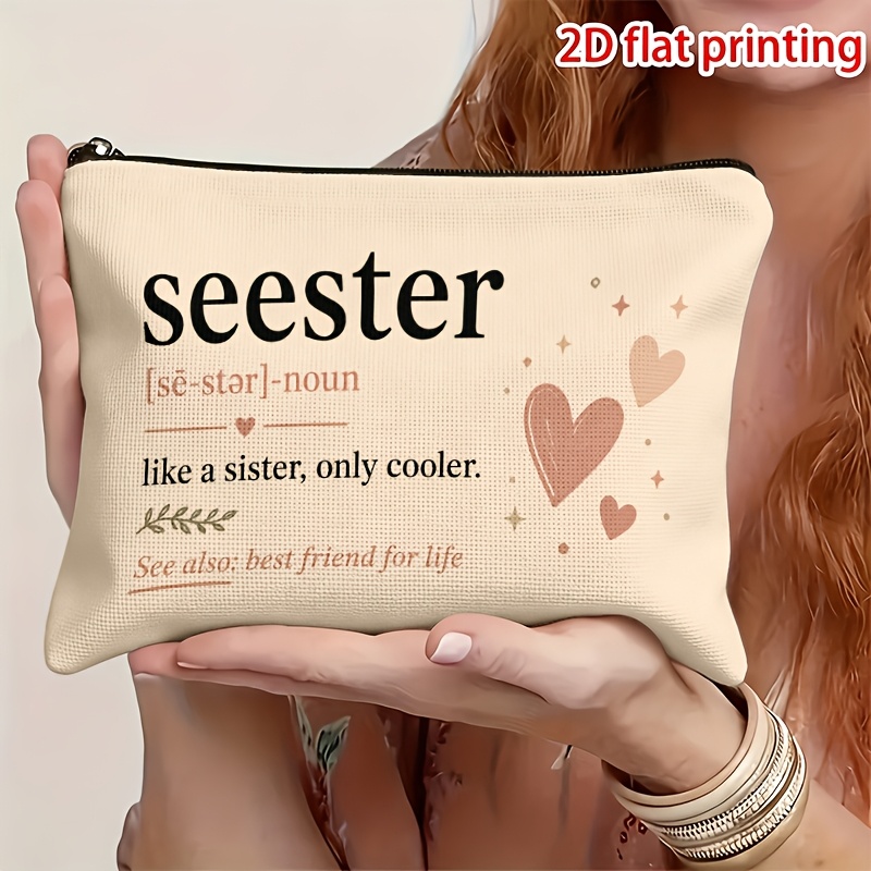 TEMU 1pc 2d Flat Printing "seester" Main Element, English Slogan Double-sided Printed Makeup Bag, Multifunctional Beauty Storage Bag, Zipper Closure,