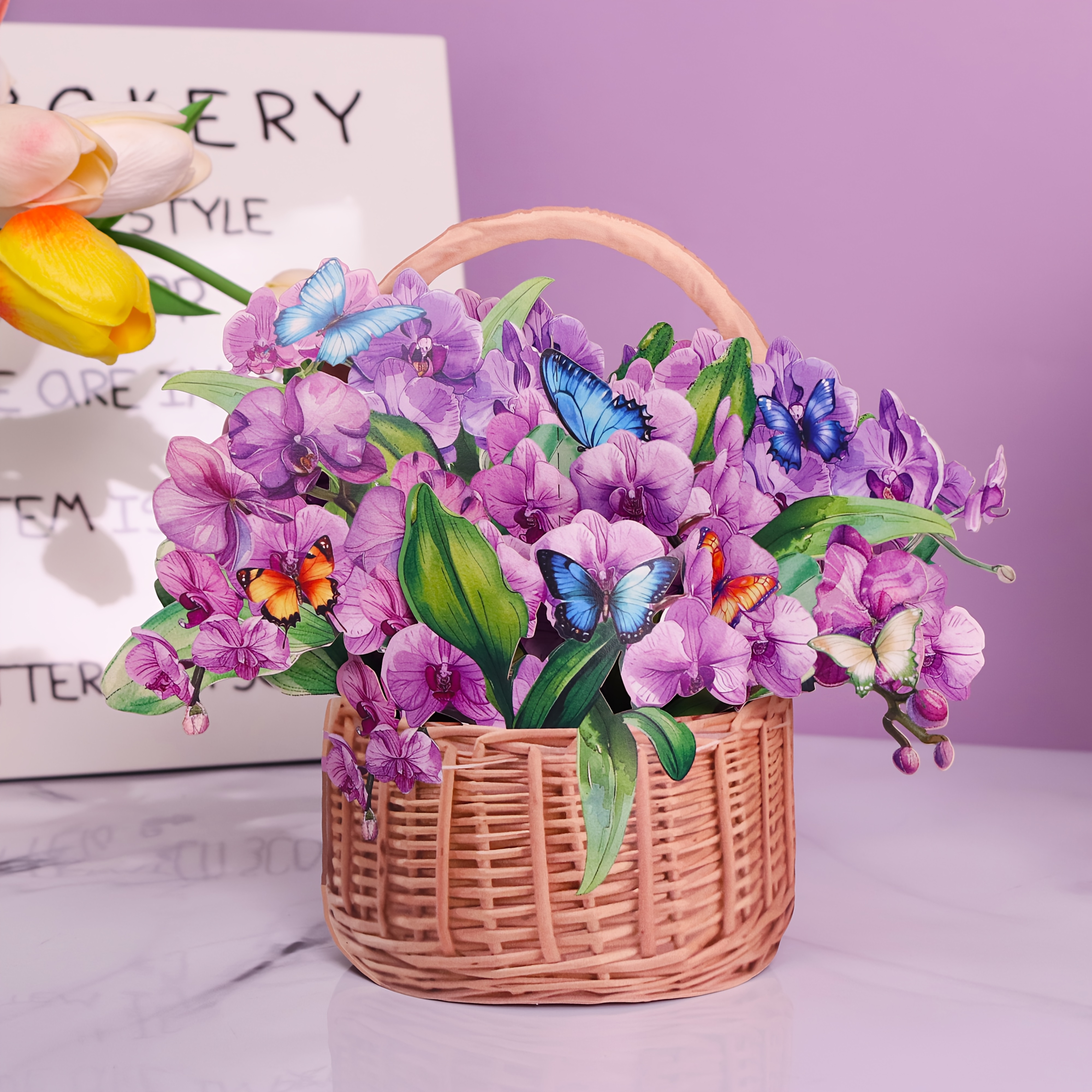 

1pc Orchid Basket Pop-up Card With Vibrant Purple & Blue Flowers, Green Foliage & Butterflies – Mother’s Day, Birthdays, Anniversaries, – Includes Note Card & Envelope