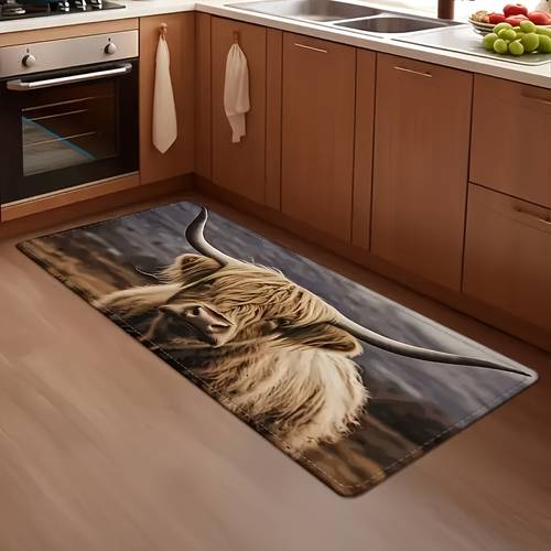 1 2pcs highland cow flannel kitchen mat casual rectangle mat suitable for home office balcony room decoration spring gift suitable for areas sink laundry room office rubber backing polyester 100 00 machine washable kitchen floor mat