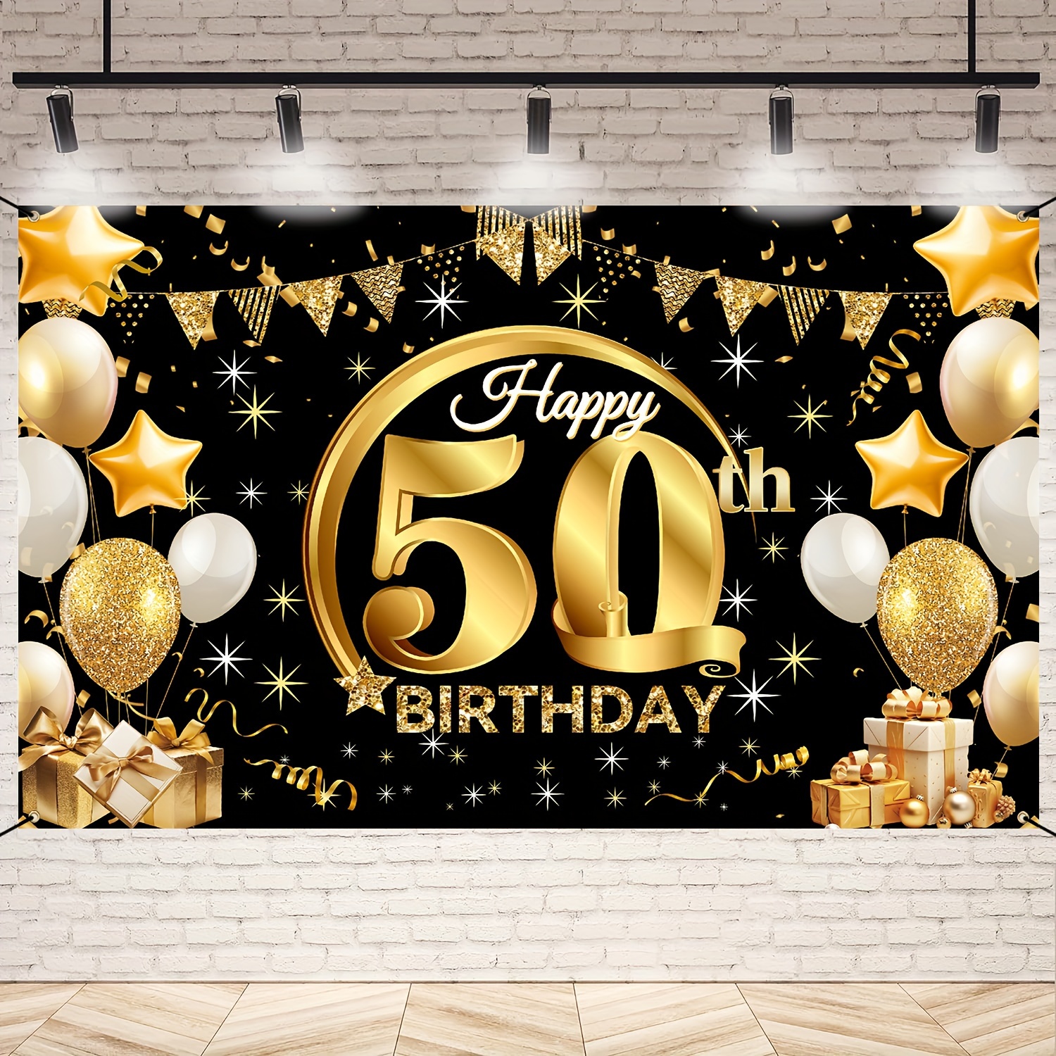 

Happy 50th Birthday Banner - Black & Gold Fabric Party Backdrop For Men & Women, Photo Booth Prop, Yard Sign Decor