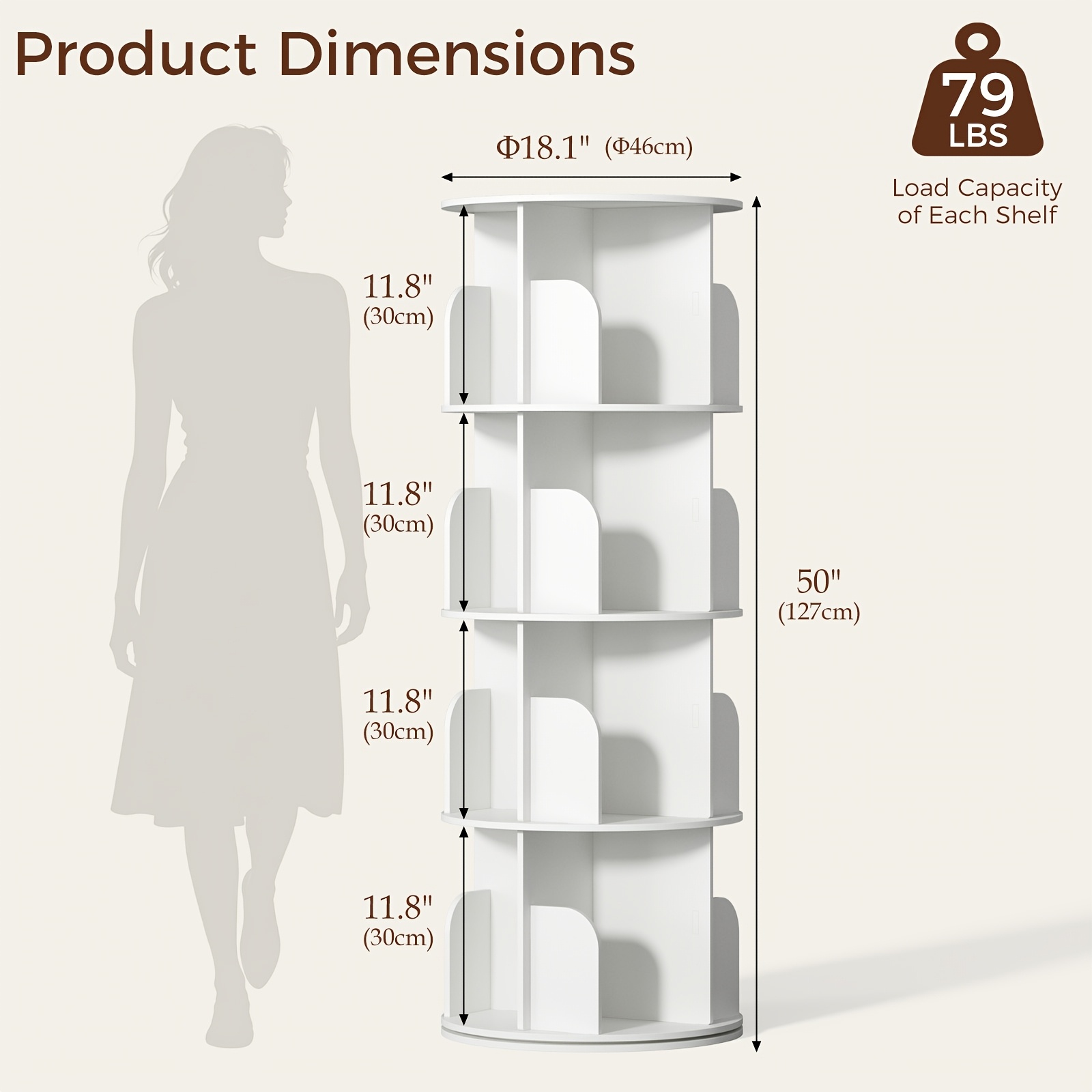 3/4/5 Tier Rotating Bookshelf, 360° Spinning Bookcase for Small Spaces, Vertical Corner Storage Organizer Display Rack for Bedroom Living Room, White