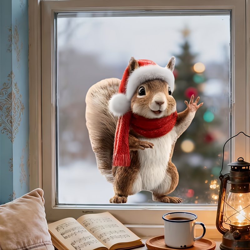 TEMU 2d Flat, Window Sticker 1pc 2d Squirrel Peeking Window Decal, Christmas Squirrel Themed Holiday Decorative Window Sticker, Suitable For Home And