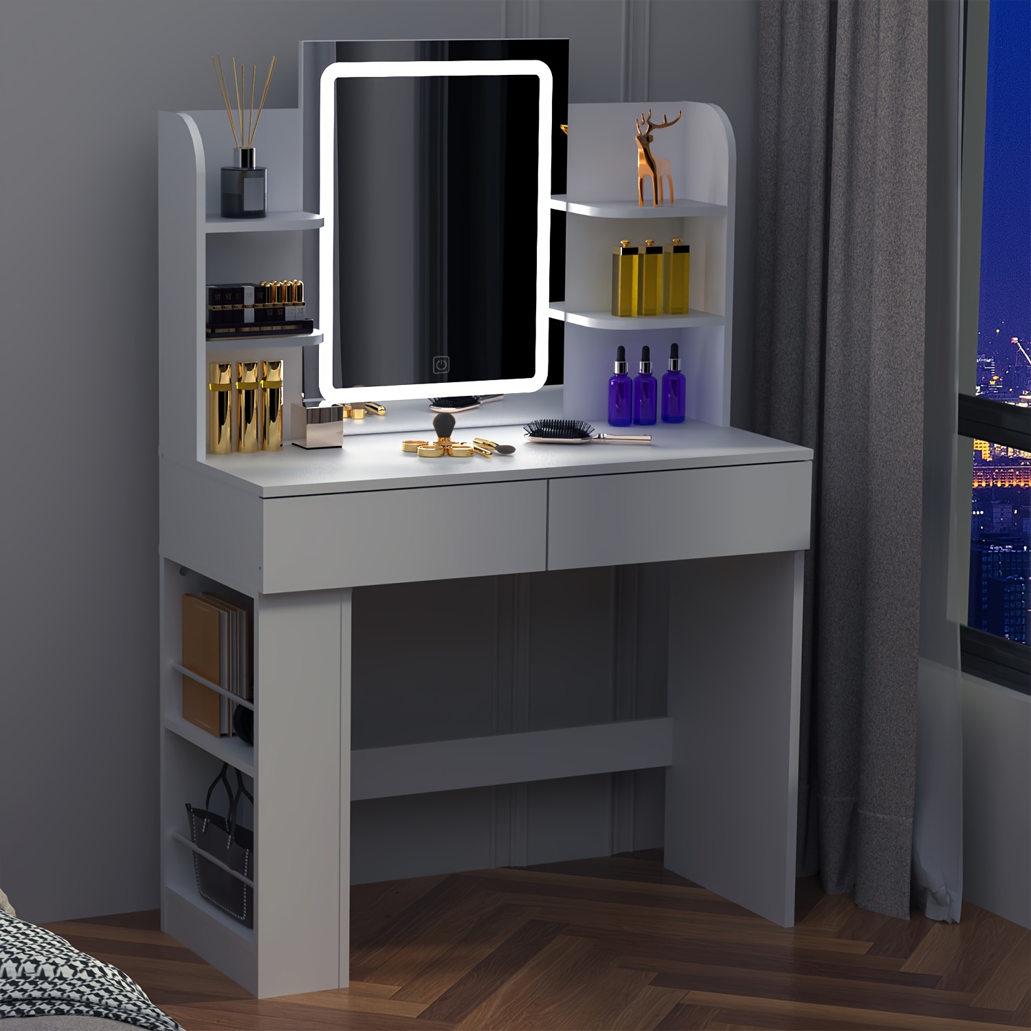 Image of White Vanity Dressing Table | With Tri- Sensor Led Light Strip | 900×400×1350mm | Large Capacity Storage Drawers | Design | Bedroom Makeup Table Set