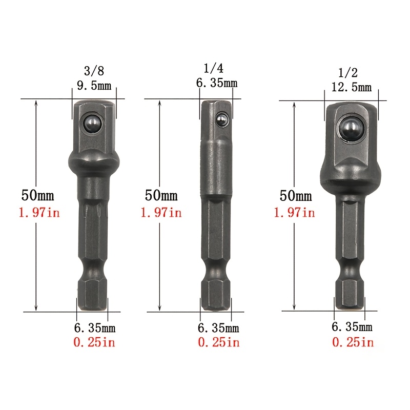 TEMU 3pcs Natural/black Hex Shank Ball Extension Rods, 1/4" 3/8" 1/2" Hex Drive Adapters, Ball-locking Tool Additions