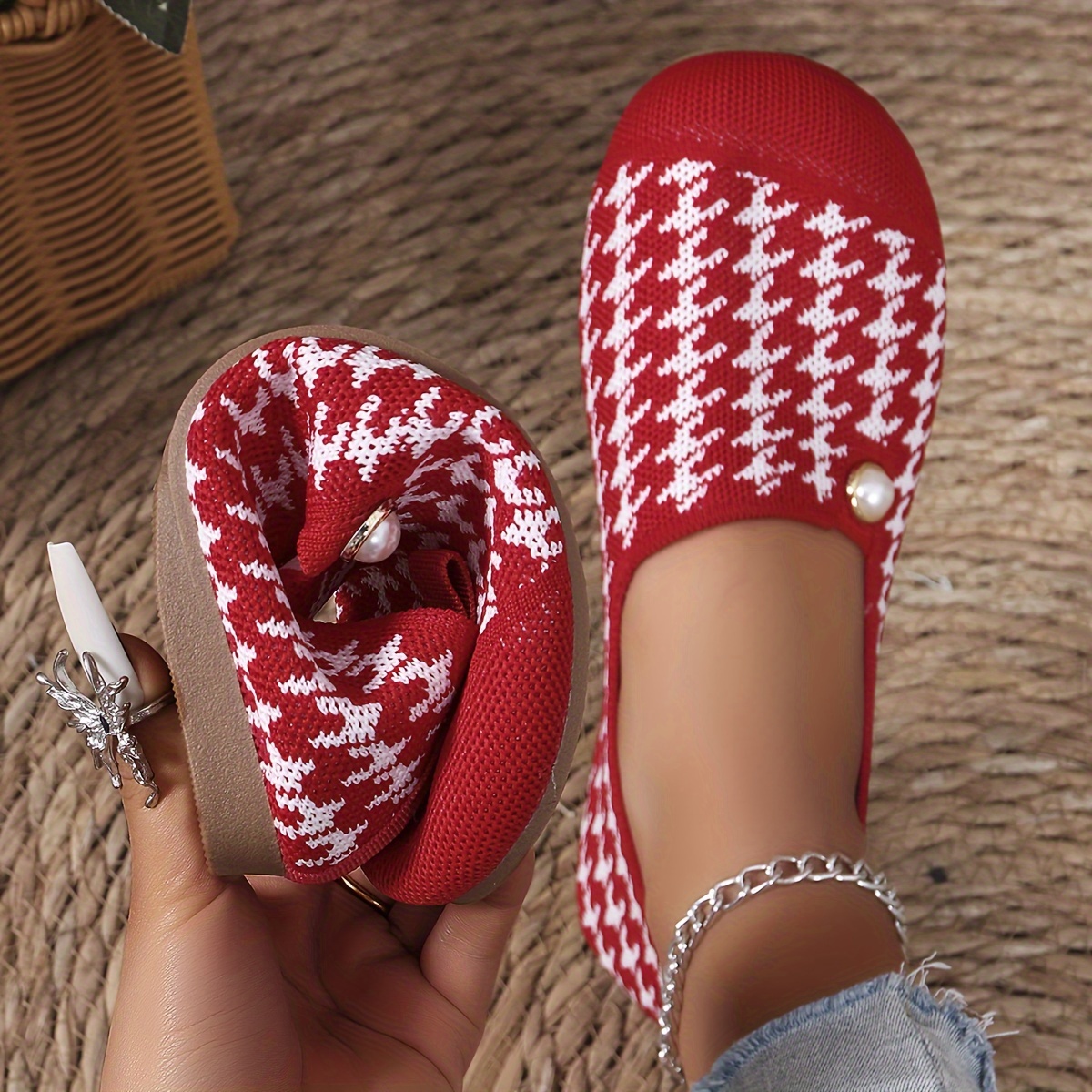 

Women's Houndstooth Flat Shoes, Breathable Round Toe Slip On Shoes, Lightweight Soft Sole Shoes