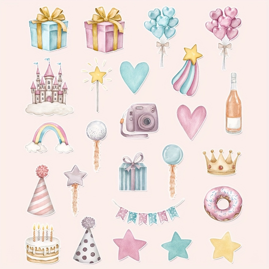 Image of 1 Set, Birthday Theme Stickers, Party Stickers, Birthday Cake Stickers, Watercolor Sticker Stickers, Bookmark Backpack Cup Notebook Stickers, Journal Stickers, Stickers