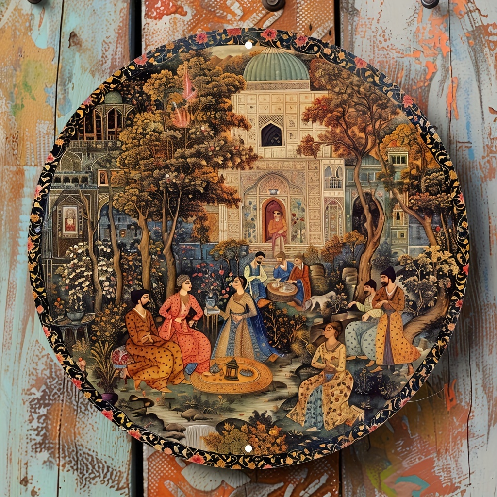 

Vibrant Persian Miniature Art Round Aluminum Wall Decor - Intricate Court Scenes With Rich Colors & Detailed Patterns, Perfect For Home And Office