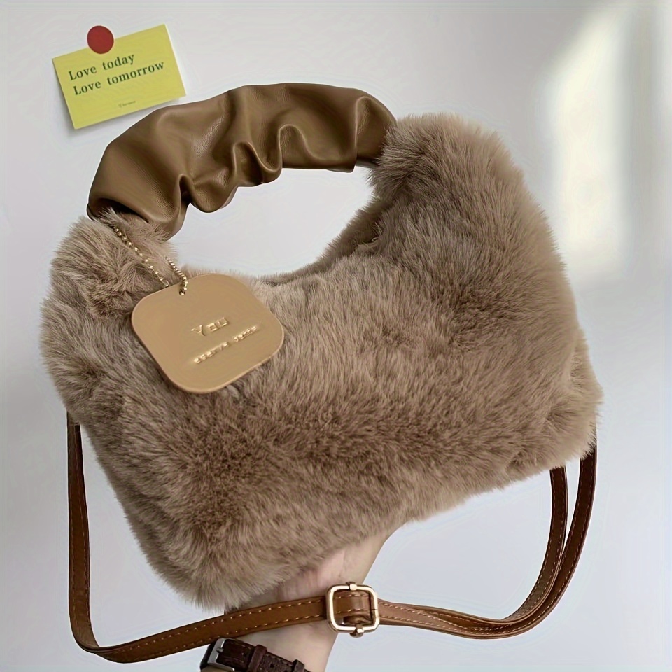 TEMU Chic Plush Fur Handbag For Girls - & Stylish Crossbody Bag With Leather Lining, & Parties