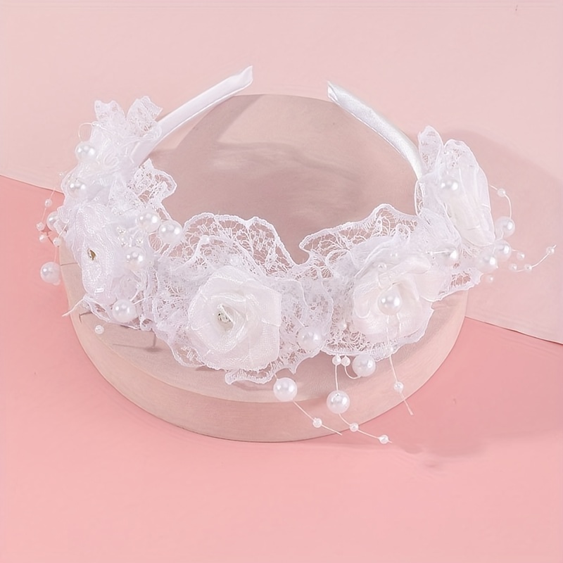 

Elegant Floral Lace Headband With Pearls And Rhinestones, Polyester Bridal Hair Accessory For Women And Girls, Ideal For Performances, Festivals, And Parties - 1 Piece