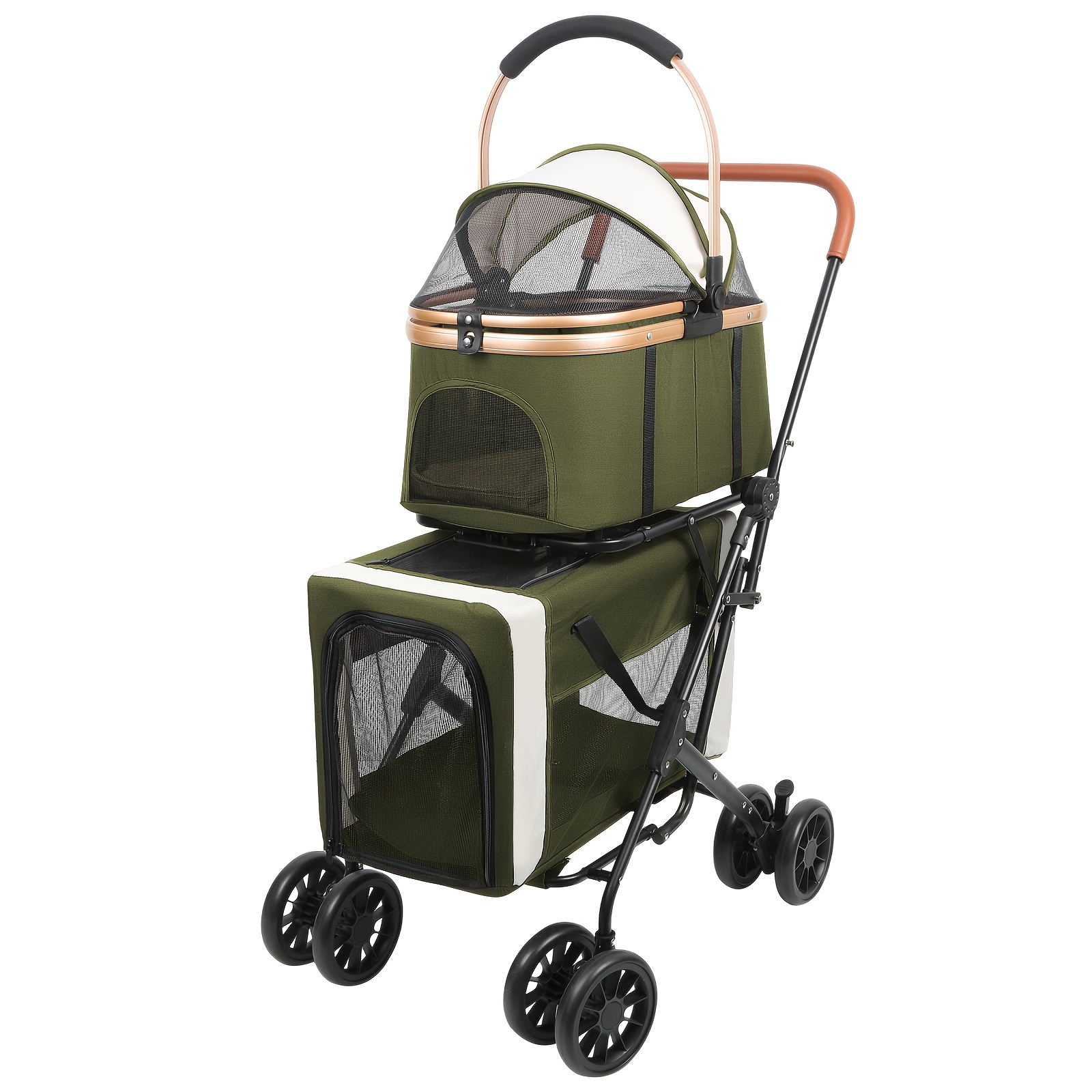 Two-level Pet Stroller, Collapsible Cat Carrier, Removable Pet Transport, Versatile Stroller For Terrains, Ideal For Small To Medium Pets - Military Green