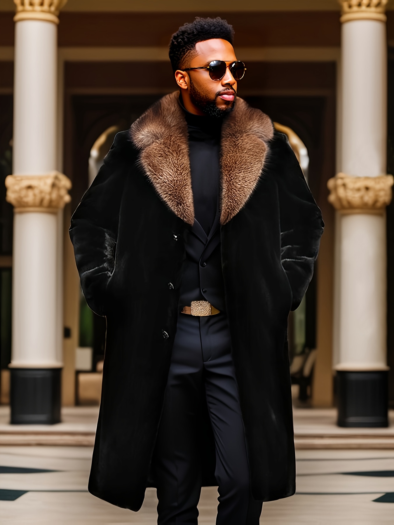Men'S Outerwear, Winter Warm Plush Coat, Black Business Suit Faux Fur Men'S Jacket, Casual Fashion Men'S Warm Plush Trench Coat, Parka Men'S Black Fleece-Lined Thickened Coat