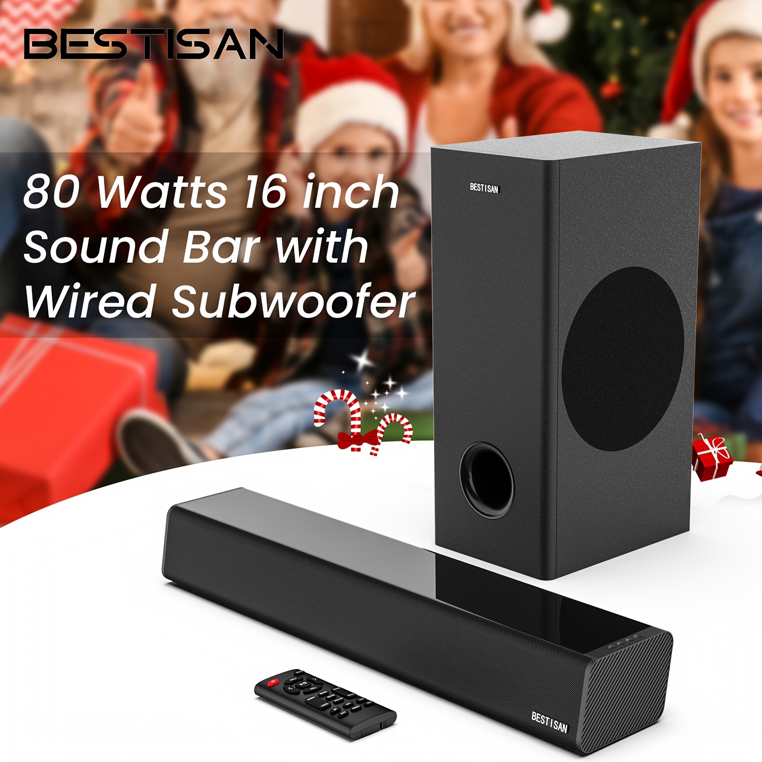 

Bestisan With Subwoofer, 80 Sound Bars For Tv/projector/gaming With 5.25 Inch Subwoofer, Arc/optical/aux/usb And Bt 5.0 Connection, Bass Adjustable, Wall Mountable, 3 Eq , 16 Inch