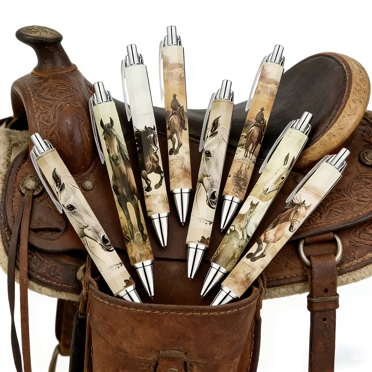 TEMU 8pcs Retro Western Cowboy Style Pattern Unisex Pens, Distressed Oil Painting Style Student Writing And Test-taking Pens, Artistic Retro Office ,