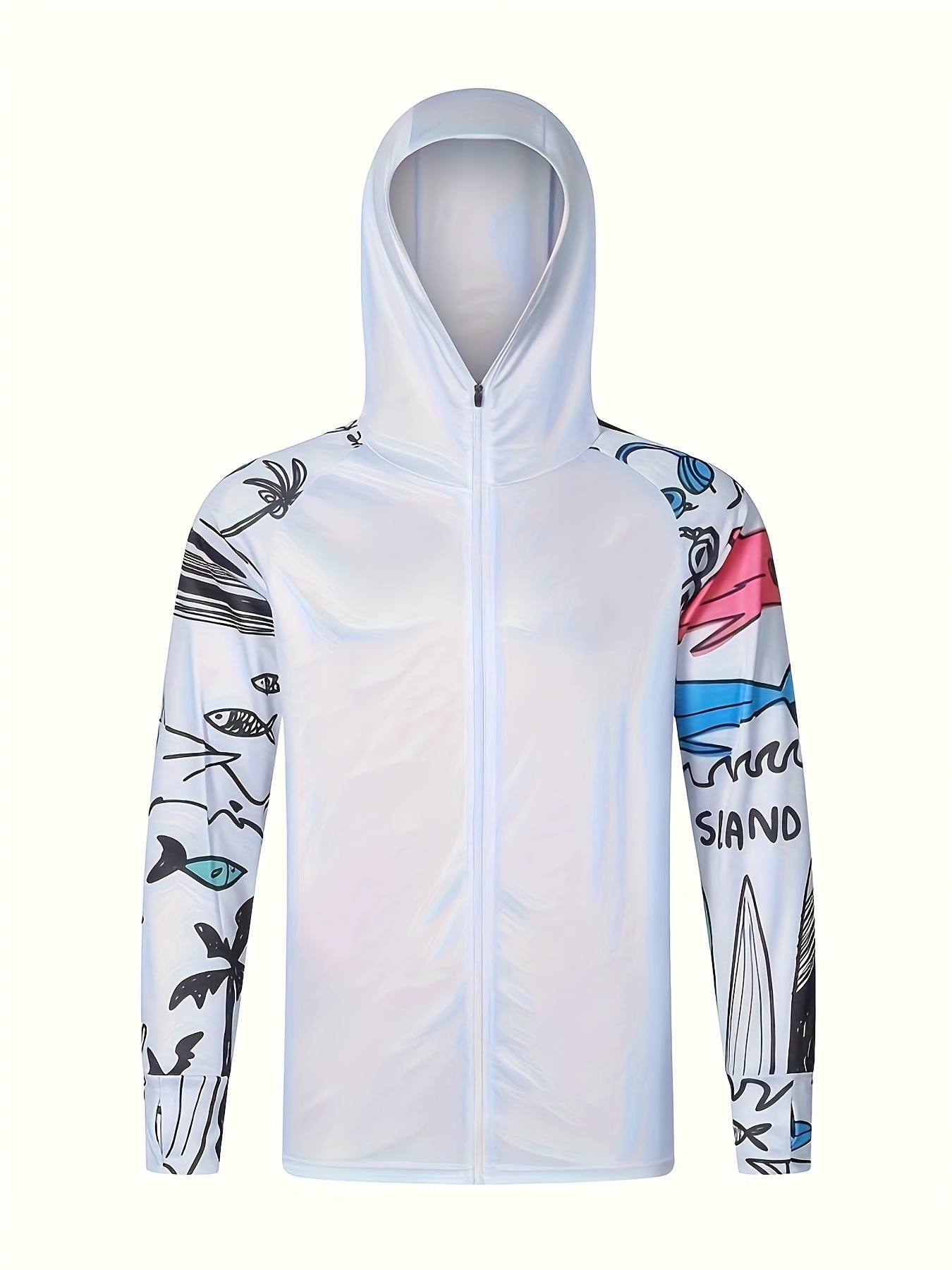 Men's Raglan Sleeve With Fish Pattern Jacket, Anti-UV Sunscreen Sun Protection Fishing Hoodie Breathable Quick Dry Hooded Fishing Jersey For
